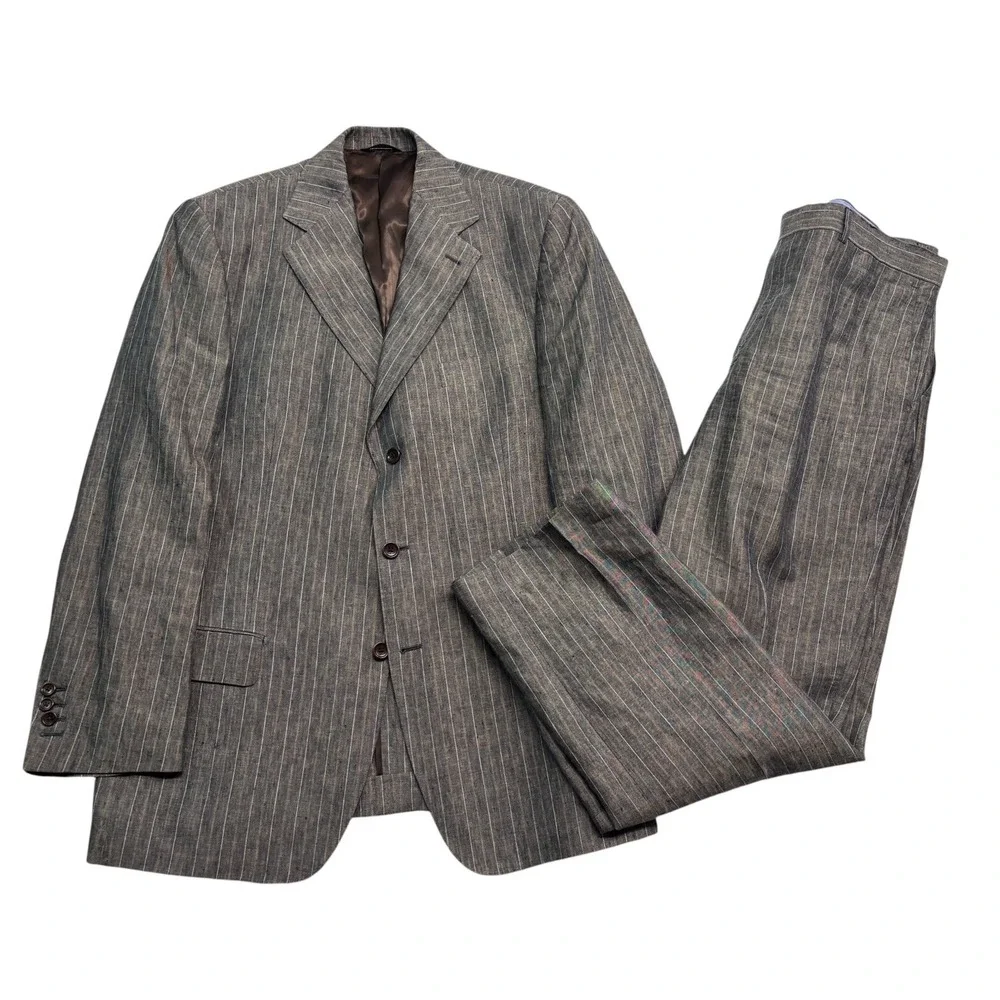 Andrea Caracciolo 44L 54 38x33 100% Linen Delave Stripe Sartoriale Italy Suit